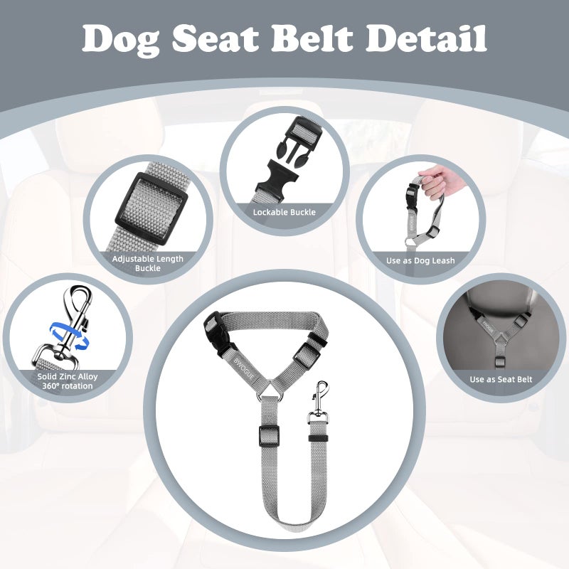 BWOGUE 2 Packs Dog Cat Safety Seat Belt Strap Car Headrest Restraint Adjustable Nylon Fabric Dog Restraints Vehicle Seatbelts Harness Grey - Image 3